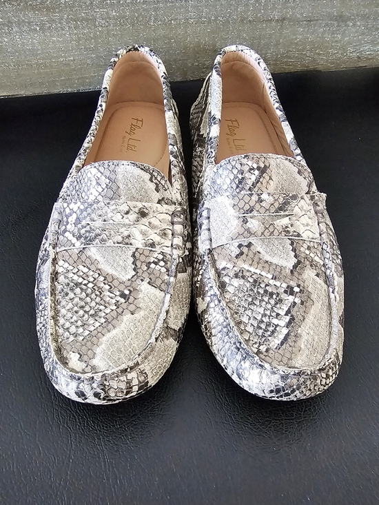 Flag Ltd Shoes - Flag LTD Women’s Leather Snakeskin-Print Penny Loafers Gray/Black Wht Sz 9